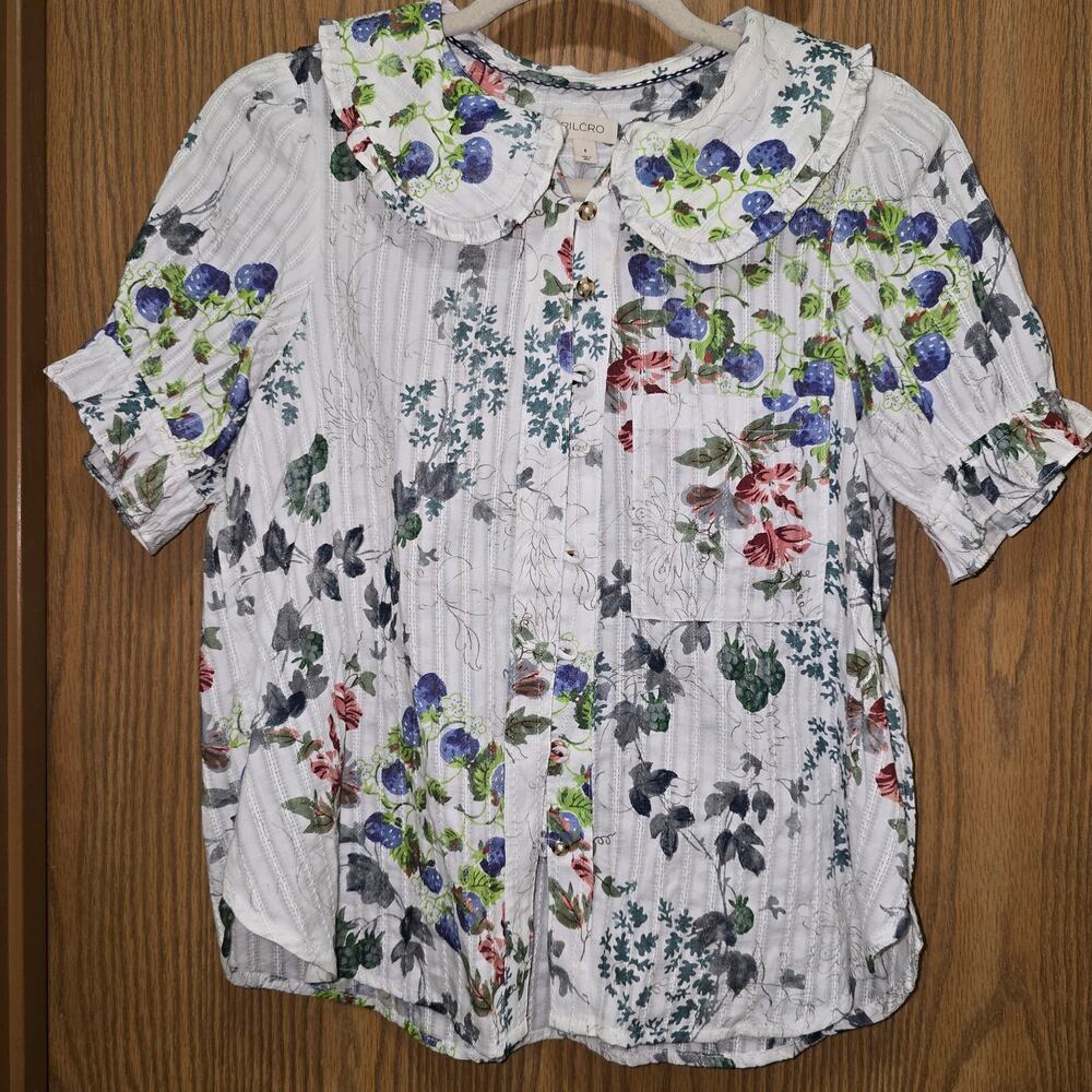 Anthropologie Pilcro Keira Botanical Berry Fruit Floral Ruffle Short Sleeve Sz S